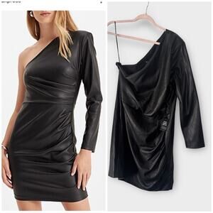 Express One Shoulder Faux Leather Dress - Black